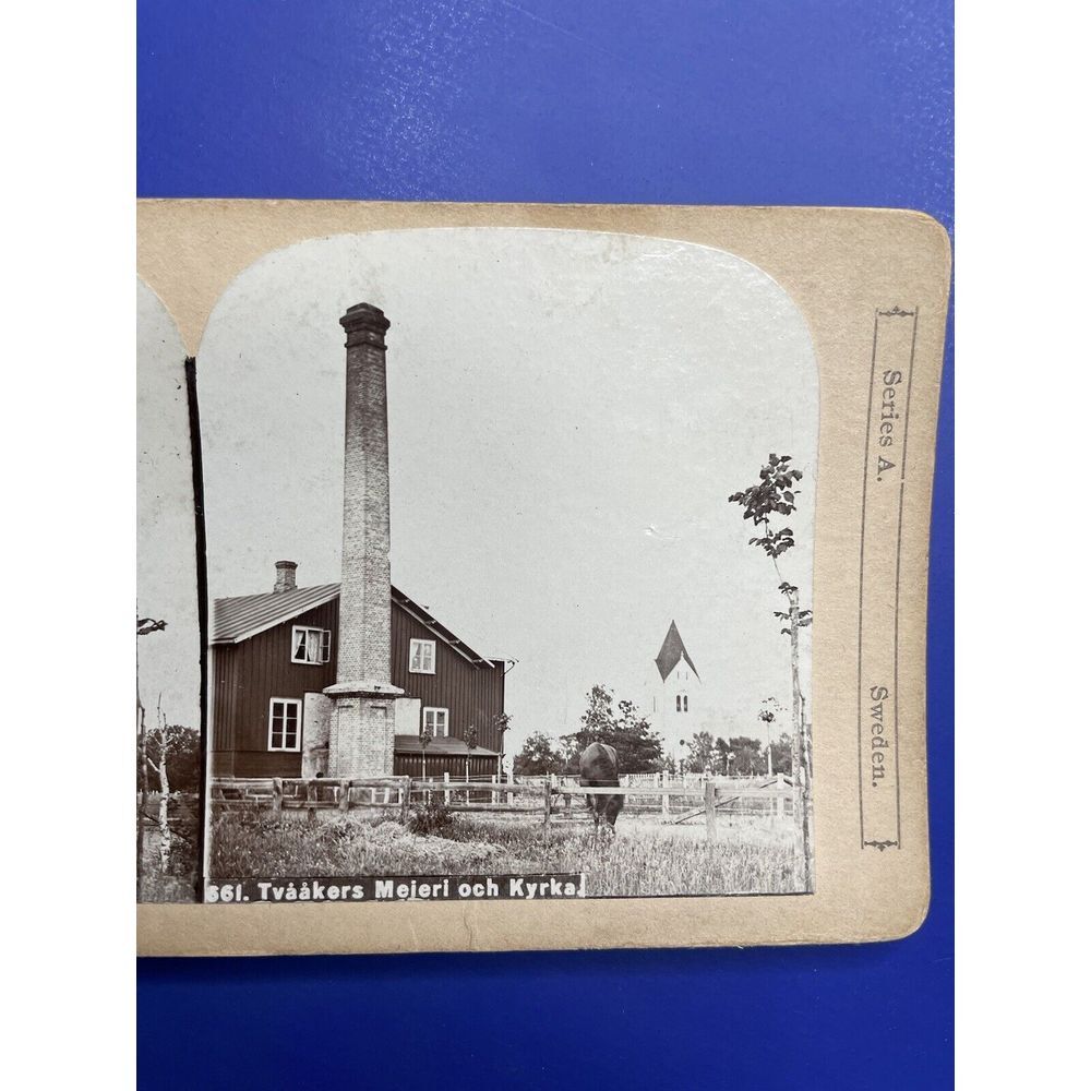 Antique Stereoview Card Gust A Johnson Sweden Home Horse Church Tvaakers Mejeri